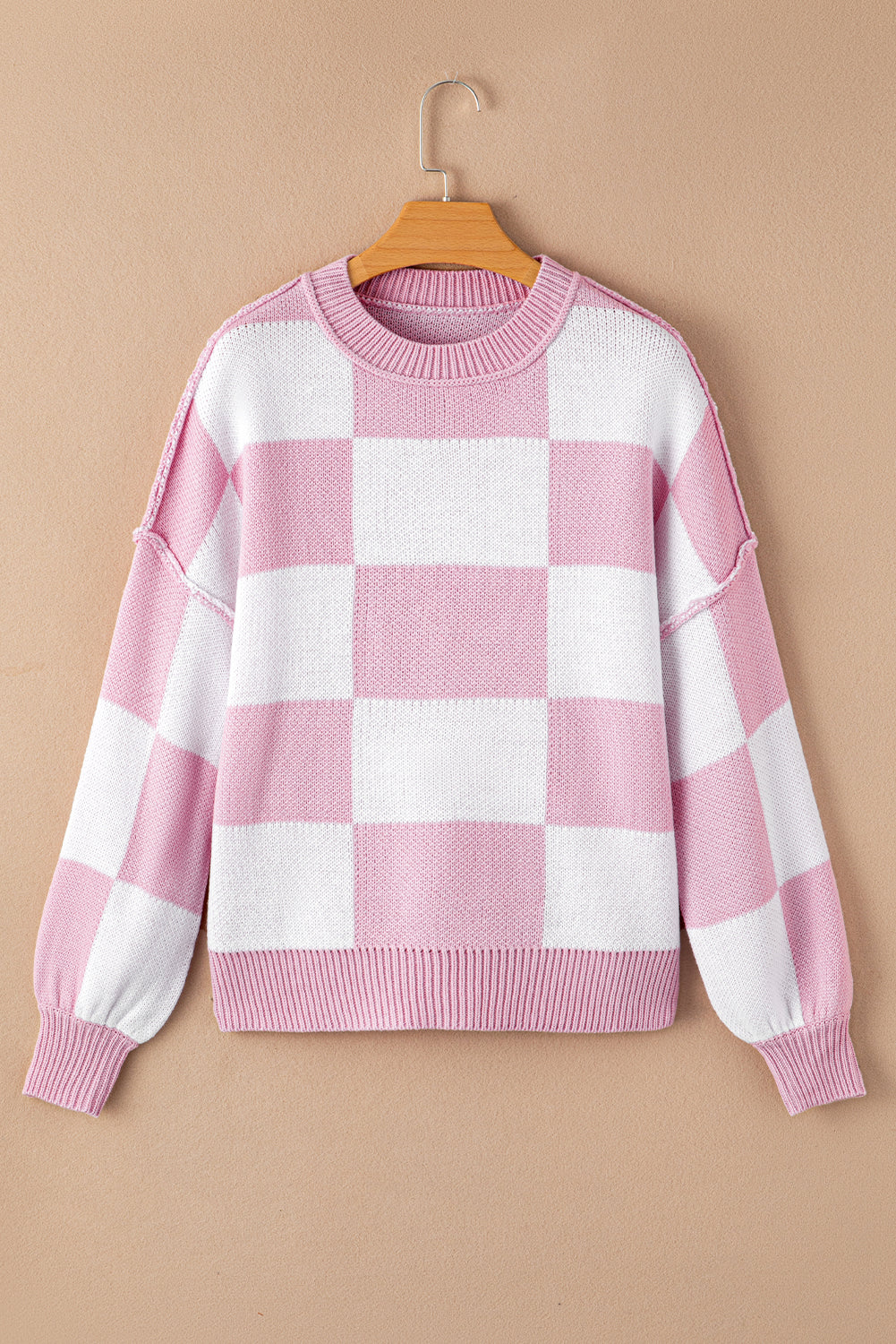 Rosy Checkered Bishop Sleeve Sweater