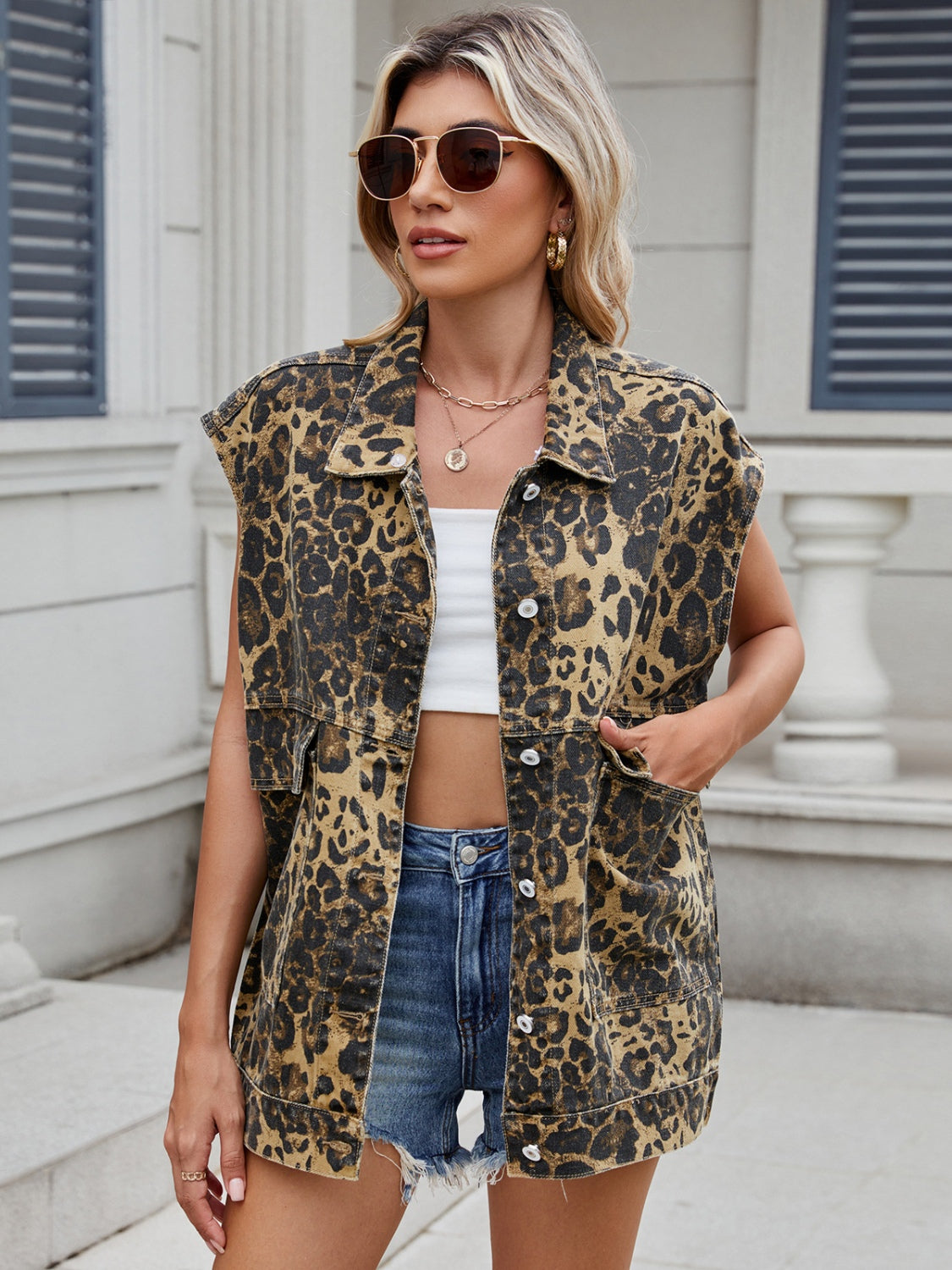 Leopard Buttton Up Denim Vest