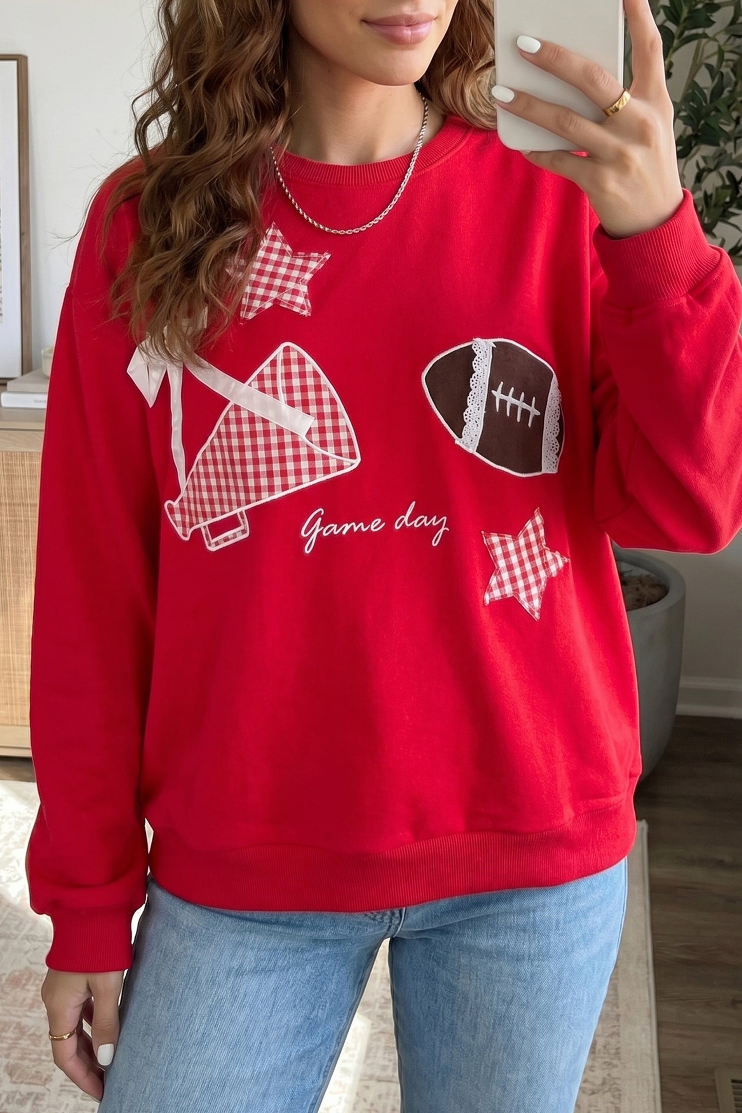 Black Gingham Patch Embroidered Rugby Game Day Stars Sweatshirt